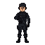 soldier, full body, front view. wears  black military uniform, bulletproof vest, boots, no helmet, with a gun in his hand.