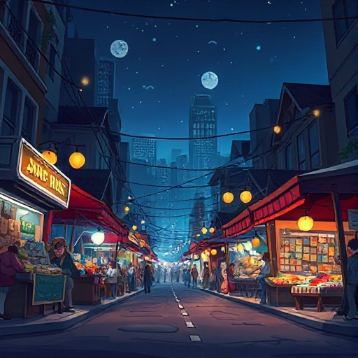 the image depicts a night scene of a market or street fair, in a city setting with the street at the base of the image.