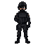 soldier, full body, front view. wears black military uniform, bulletproof vest, boots, helmet showing face.