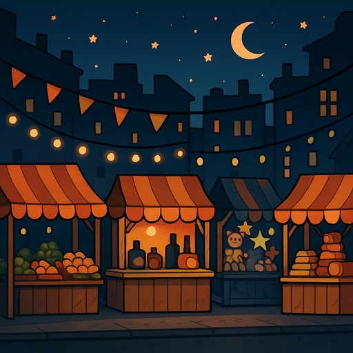the image depicts a night scene of a market or street fair from the side, in a city setting with the street at the base of the image.