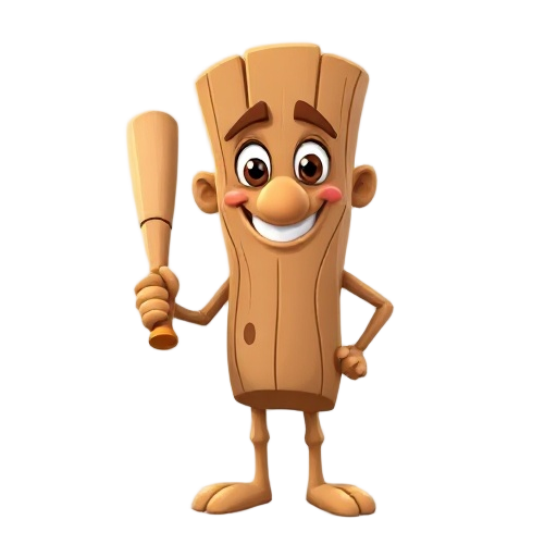 a cartoonish anthropomorphic wood like character standing upright with arms, legs, and a friendly face. it has big expressive eyes, thick eyebrows, and a long nose. the character is smiling warmly and holding a baseball bat in one hand