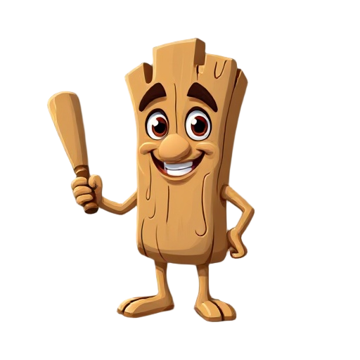 a cartoonish anthropomorphic wood like character standing upright with arms, legs, and a friendly face. it has big expressive eyes, thick eyebrows, and a long nose. the character is smiling warmly and holding a baseball bat in one hand