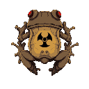 bare-bones armored mutant frog, glowing red eyes, large hind legs, biohazard symbol on back