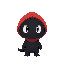 une petite créature noire avec une capuche rouge autour de sa tête (on ne voit que 2 gros yeux blanc pour son visage)