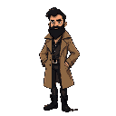 a man with short black hair and a full black beard. he wears an open light brown trench coat, black pants, and black boots.