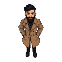 a man with short black hair and a full black beard. he wears an open light brown trench coat, black pants, and black boots.