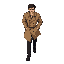 a realistic pixel art character featuring a man. he wears a light brown trench coat that flows slightly as he walks, paired with black pants and sturdy black boots