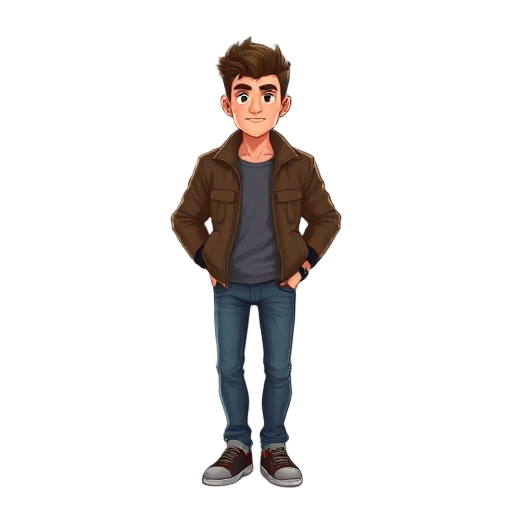 personaje con chaqueta sin mangas hasta los hombros, camisa manga corta y jeans, caminando, despues saltando, y despes quieto (simple)