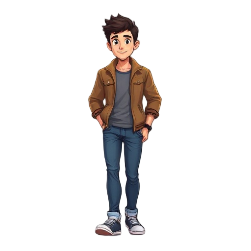 personaje con chaqueta sin mangas, camisa manga corta y jeans, caminando, despues saltando, y despes quieto