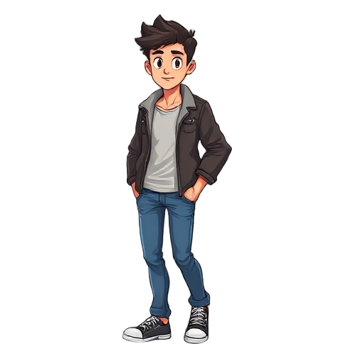 personaje con chaqueta sin mangas, camisa manga corta y jeans, caminando, despues saltando, y despes quieto