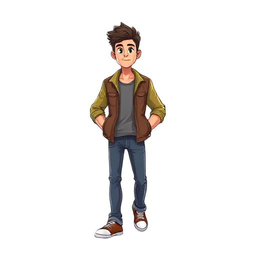 personaje con chaqueta sin mangas hasta los hombros, camisa manga corta y jeans, caminando, despues saltando, y despes quieto (simple)