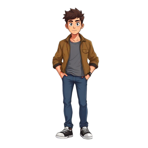 personaje con chaqueta sin mangas hasta los hombros, camisa manga corta y jeans, caminando, despues saltando, y despes quieto (simple)