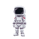 an astronaut in a square helmet and a white spacesuit, a large body, broad shoulders and standing straight