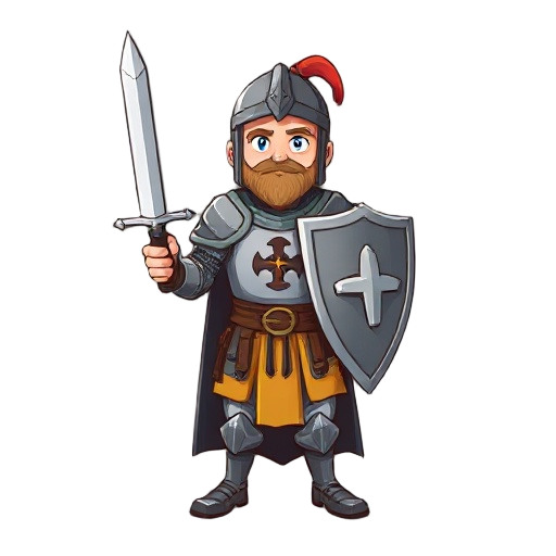 generate a medieval knight with sword and shield, compass on his chest and medieval clothes