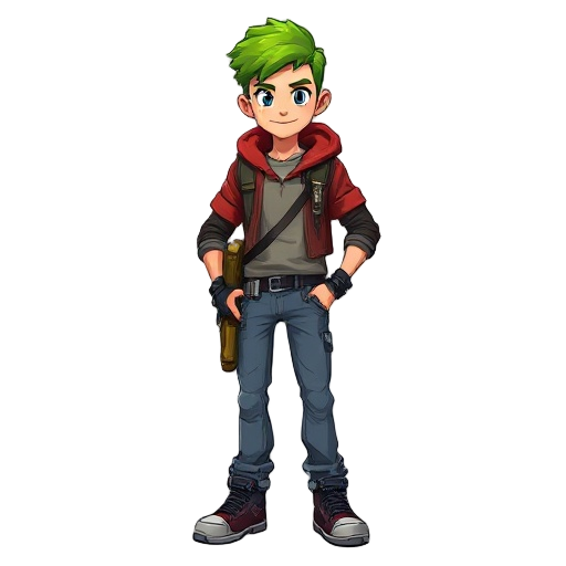 menino com bone verde na cabeça, com uma calça jeans, braçadeiras nos braços uma jaqueta vermelha e uma mochila do lado sua cintura, estilo si-fi e tecnologico
