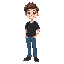 boy, black shirt, nice hair, short sleeved shirt,blue jeans,black shoes,brown hair,white skin,middle weight,young boy,shy