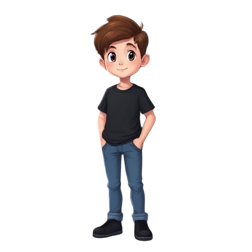 boy, black shirt, nice hair, short sleeved shirt,blue jeans,black shoes,brown hair,white skin,middle weight,young boy,shy
