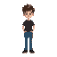 boy, black shirt, nice hair, short sleeved shirt,blue jeans,black shoes,brown hair,white skin,middle weight,young boy,shy
