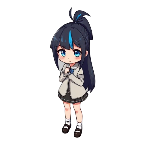 masterpiece, best quality, ultra detailed,, 1girl, full body, looking at viewer, standing, black hair, long hair, ponytail, blue highlights, blush, embarrassed expression, blue eyes