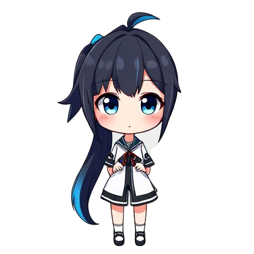masterpiece, best quality, ultra detailed, high resolution, 1girl, full body, looking at viewer, standing, black hair, long hair, ponytail, blue highlights, blush, embarrassed expression, blue eyes, s