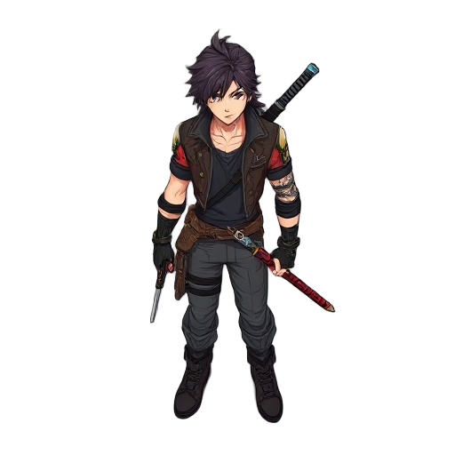 a mix of leon s kennedy, with tanjiro kamado, with accessories being a pistol and a katana, inspired by final fantasy.