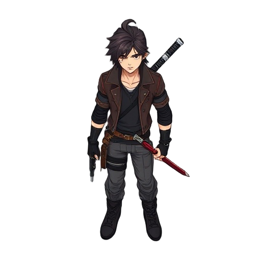 a mix of leon s kennedy, with tanjiro kamado, with accessories being a pistol and a katana, inspired by final fantasy, idle