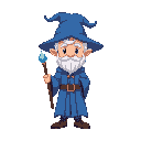 cute wizard with a magic wand color blue robe pixel