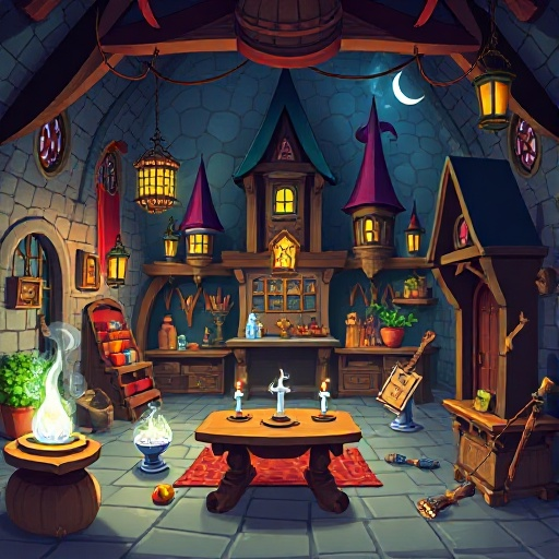 wizard magic accademy background with training stuff 8bit style 1152 by 648