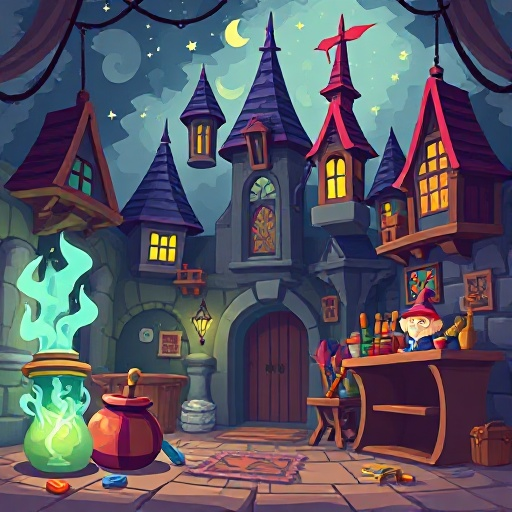 wizard magic accademy background with training stuff 8bit style