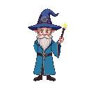 cute wizard with a magic wand color blue robe 8bit