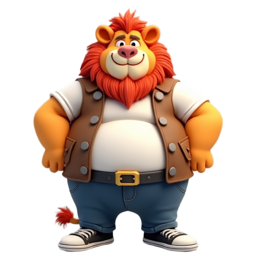 a fat anthropomorphic lion with bright golden fur, a cream beard, a red mane, and a large rounded belly, wearing a brown mini-vest with gray buttons over a tight white t-shirt with his large belly hanging out, dark blue jeans with a black belt with a gold