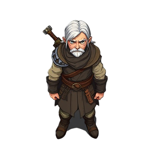 i need a warrior, who explores a dungeon, with old clothes and white hair