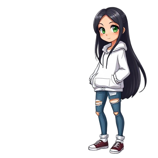 masterpiece, best quality, full body, anime style, young woman with long black hair, green eyes, light brown skin, wearing white hoodie and ripped jeans, neutral expression, side view, standing pose