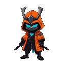 coelho branco samurai cyberpunk de casaco laranja e um chapeu de palha japones e um colar azul neom brilhante