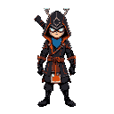 coelho branco samurai cyberpunk de casaco laranja e um chapeu de palha japones e um colar azul neom brilhante