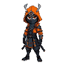 coelho branco samurai cyberpunk de casaco laranja e um chapeu de palha japones e um colar azul neom brilhante