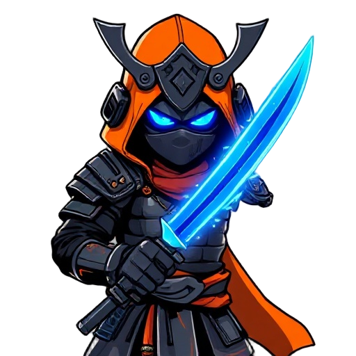 coelho samurai cyberpunk com casaco laranja e um artefato azul neom brilhante no pescosso e um chapeu de palha japones