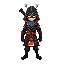 coelho branco samurai cyberpunk de casaco laranja e um chapeu de palha japones e um colar azul neom brilhante