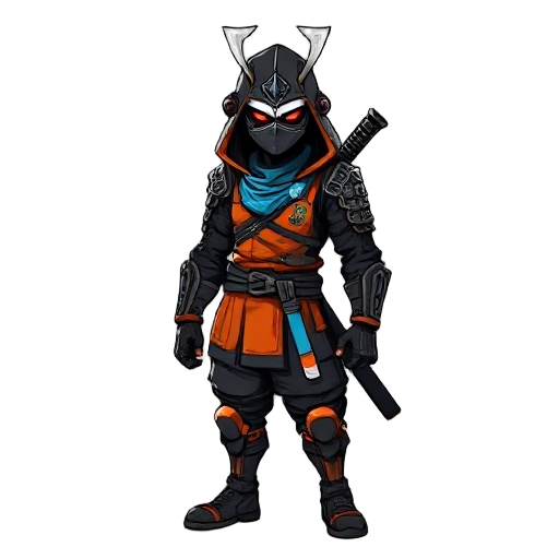 coelho branco samurai cyberpunk de casaco laranja e um chapeu de palha japones e um colar azul neom brilhante