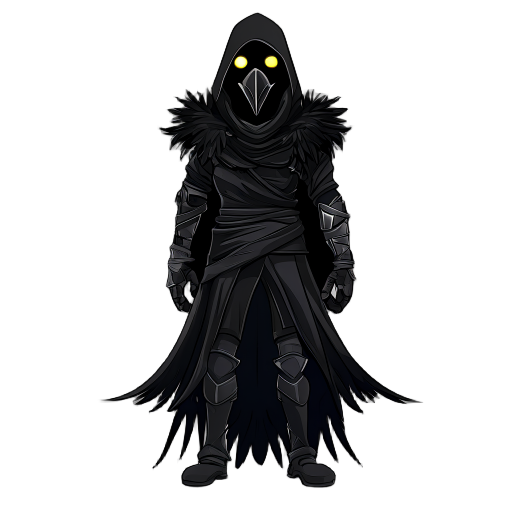 a slender assassin in t-pose, wearing black feathered robes and a plague doctor mask. glowing white eyes, clawed gloves, light armor on legs. silent and elegant look.