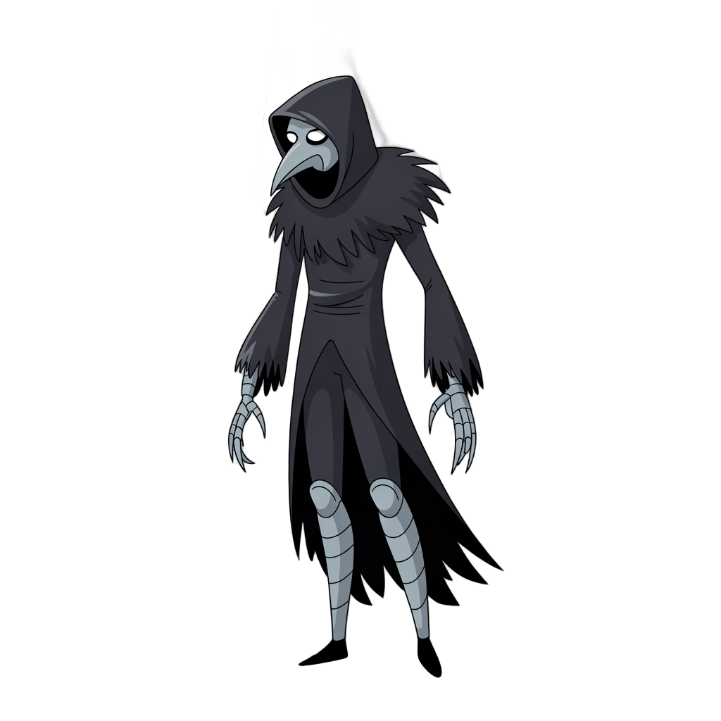 a slender assassin in t-pose, wearing black feathered robes and a plague doctor mask. glowing white eyes, clawed gloves, light armor on legs. silent and elegant look.
