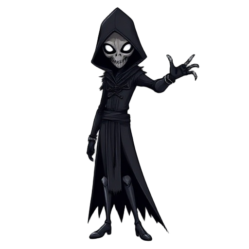 a slender assassin in t-pose, wearing black feathered robes and a plague doctor mask. glowing white eyes, clawed gloves, light armor on legs. silent and elegant look.