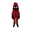 hooded figure in a red jumpsuit, black mask with a white square symbol, no visible skin, standing upright, mysterious and intimidating
