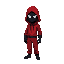 hooded figure in a red jumpsuit, black mask with a white square symbol, no visible skin, standing upright, mysterious and intimidating