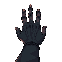 first-person view of a human hand extended forward, showing the back of the hand (not the palm), slightly tense. the hand wears a dark glove. horror-themed, dim lighting, atmospheric background.