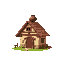 medieval  house with a pot on top  designed for a retro-style farm simulation game.