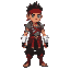 the warrior has short, spiked black hair topped with a red headband. his skin tone is medium with visible tattoos on his shoulders. his clothing includes a sleeveless armored vest with metallic and red accents, a prominent red belt, loose dark pants with 