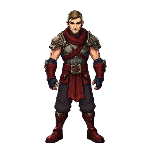 metin2 warrior. no weapon. no armor.the warrior's clothing consists of a sleeveless armored vest with a metallic design and intricate detailing, featuring a red belt with a prominent buckle around the waist. he wears loose, dark pants with a subtle red ac