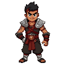 the warrior has short, spiked black hair topped with a red headband. his skin tone is medium with visible tattoos on his shoulders. his clothing includes a sleeveless armored vest with metallic and red accents, a prominent red belt, loose dark pants with 
