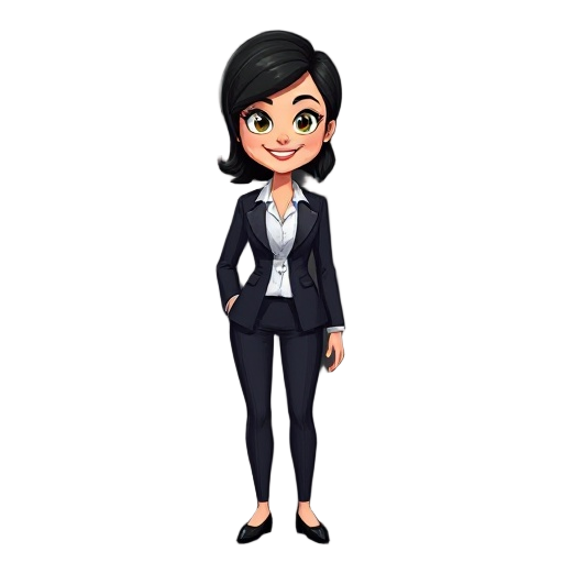  a middle-age business woman. her face like black widow. she is in a suit looking at the camera smiling, standing. black background. 